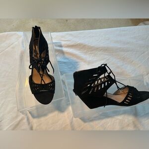 Material girl black strapped wedge heels